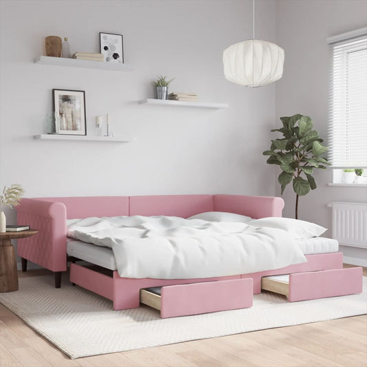 Slaapbank met onderschuifbed en lades 100x200 cm fluweel roze is nu te koop bij PeponiXL, paradijselijk wonen!