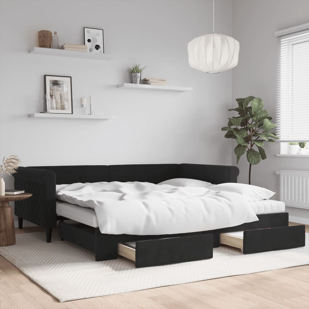 Slaapbank met onderschuifbed en lades 100x200 cm fluweel zwart is nu te koop bij PeponiXL, paradijselijk wonen!