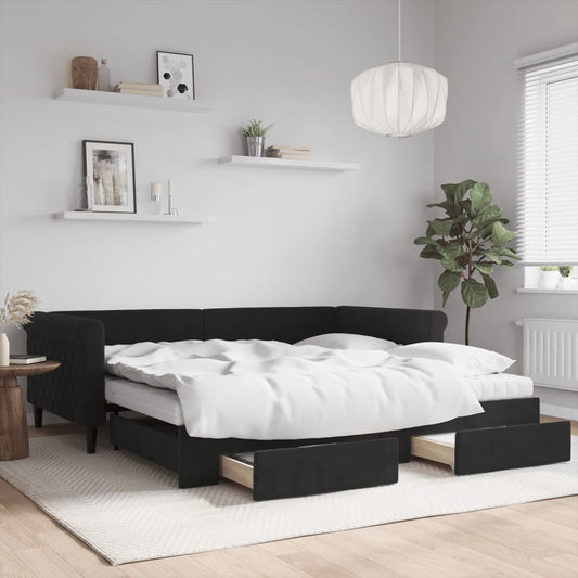 Slaapbank met onderschuifbed en lades 100x200 cm fluweel zwart is nu te koop bij PeponiXL, paradijselijk wonen!