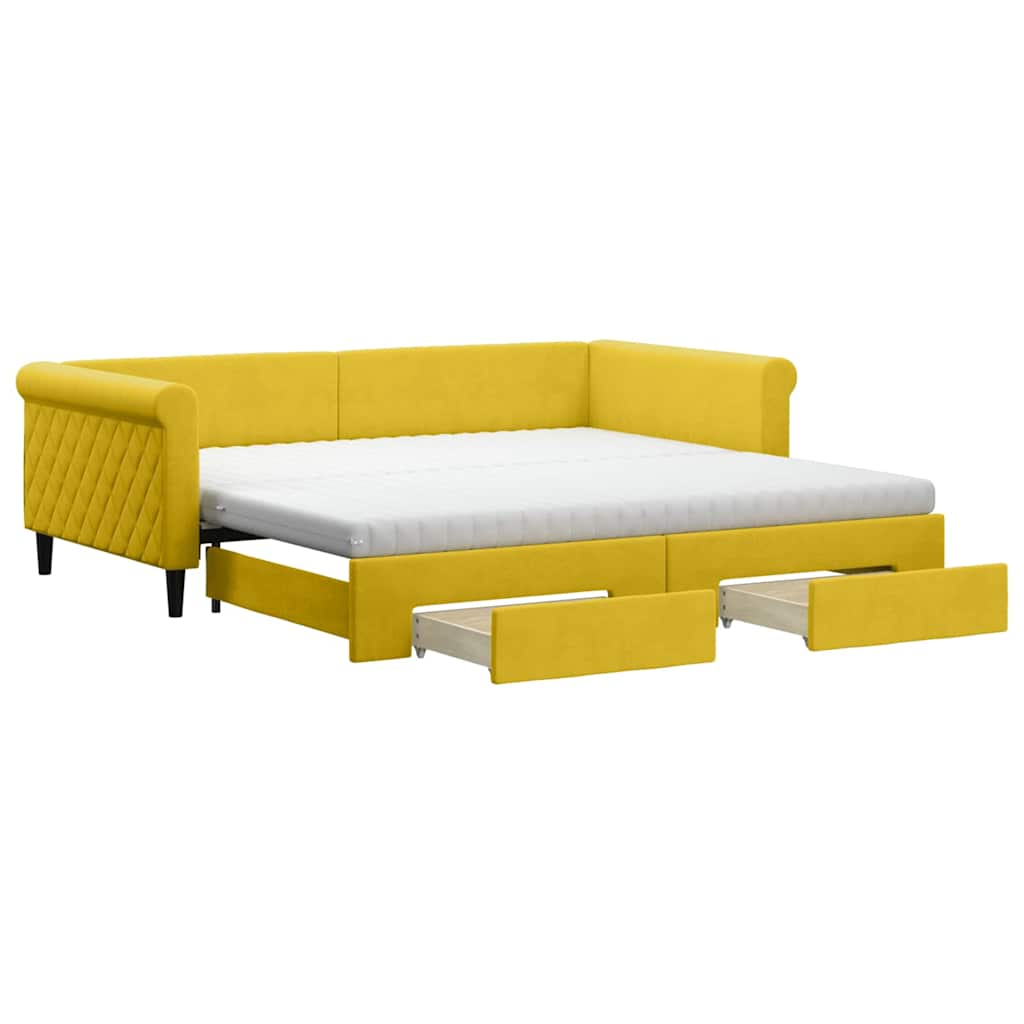 Slaapbank met onderschuifbed en lades 100x200 cm fluweel geel