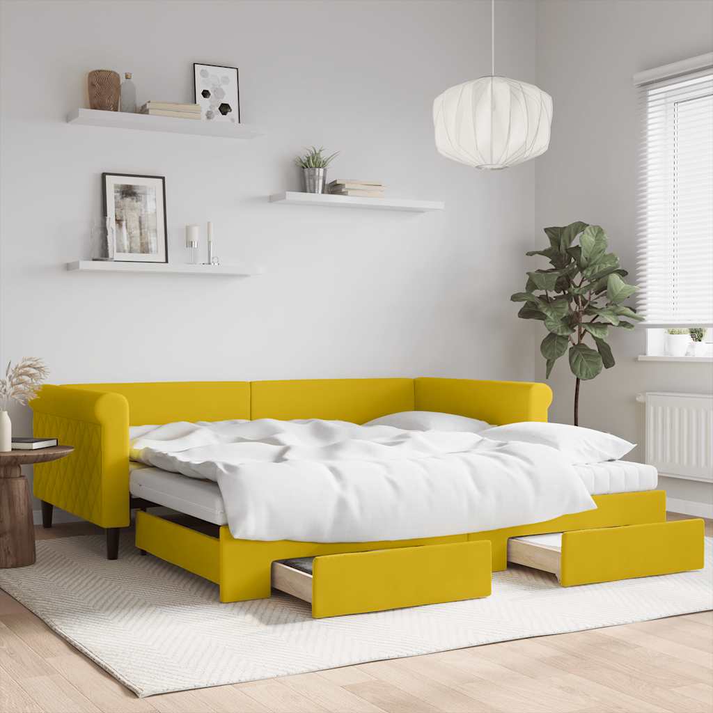 Slaapbank met onderschuifbed en lades 100x200 cm fluweel geel