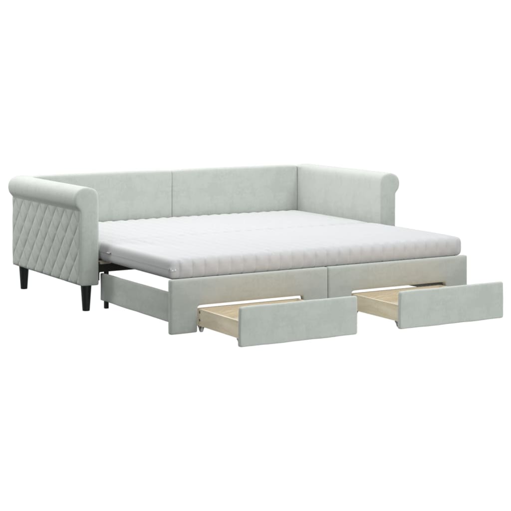 Slaapbank onderschuifbed en lades 90x190 cm fluweel lichtgrijs is nu te koop bij PeponiXL, paradijselijk wonen!