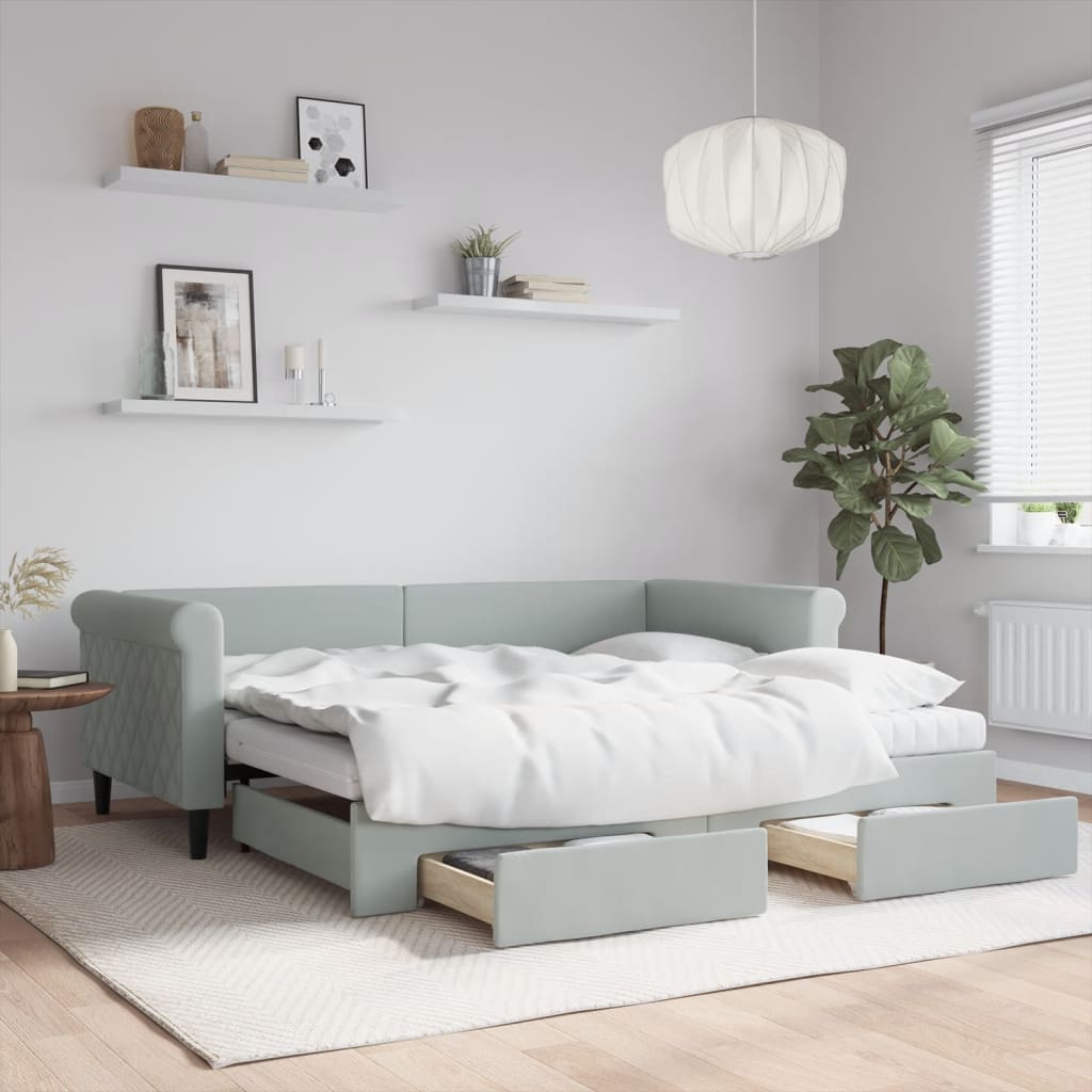 Slaapbank onderschuifbed en lades 90x190 cm fluweel lichtgrijs is nu te koop bij PeponiXL, paradijselijk wonen!