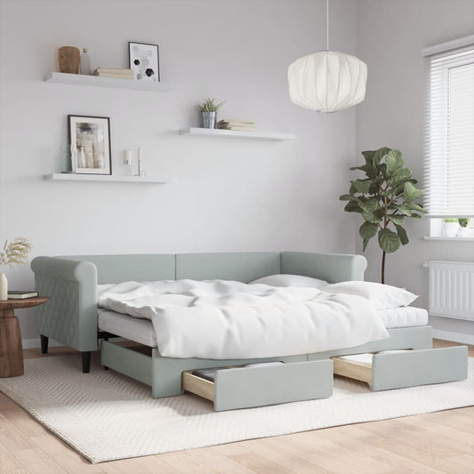 Slaapbank onderschuifbed en lades 90x190 cm fluweel lichtgrijs is nu te koop bij PeponiXL, paradijselijk wonen!