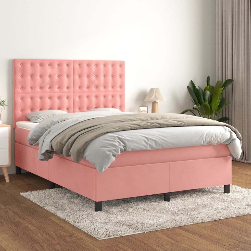 Boxspring met matras fluweel roze 140x190 cm is nu te koop bij PeponiXL, paradijselijk wonen!