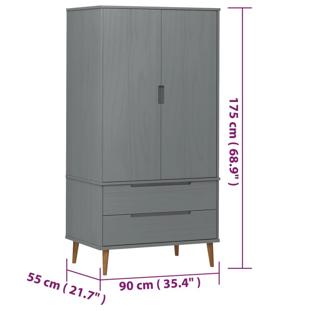 Kledingkast MOLDE 90x55x175 cm massief grenenhout grijs is nu te koop bij PeponiXL, paradijselijk wonen!