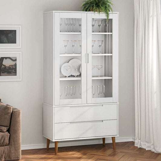 Vitrinekast MOLDE 90x35x175 cm massief grenenhout wit is nu te koop bij PeponiXL, paradijselijk wonen!
