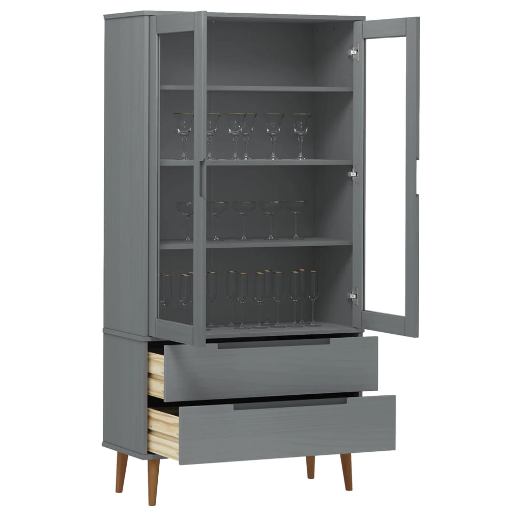 Vitrinekast MOLDE 90x35x175 cm massief grenenhout grijs is nu te koop bij PeponiXL, paradijselijk wonen!