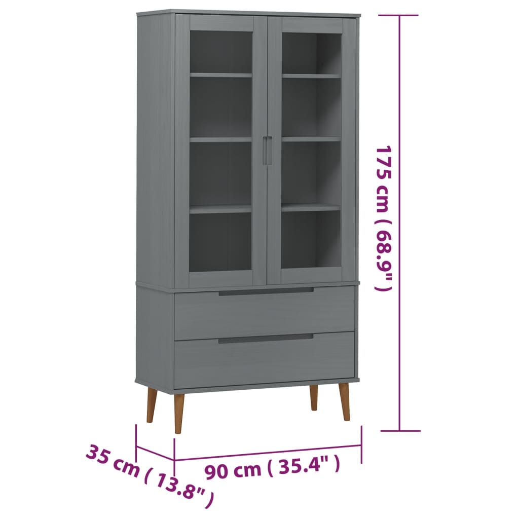 Vitrinekast MOLDE 90x35x175 cm massief grenenhout grijs is nu te koop bij PeponiXL, paradijselijk wonen!
