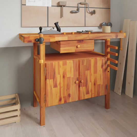 Werkbank met lade en bankschroeven 124x52x83 cm massief acaciahout is nu te koop bij PeponiXL, paradijselijk wonen!