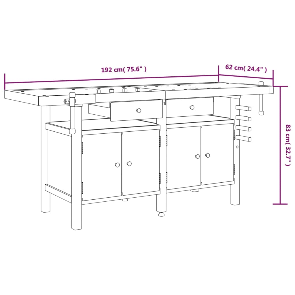 Werkbank met lades en bankschroeven 192x62x83 cm acaciahout is nu te koop bij PeponiXL, paradijselijk wonen!