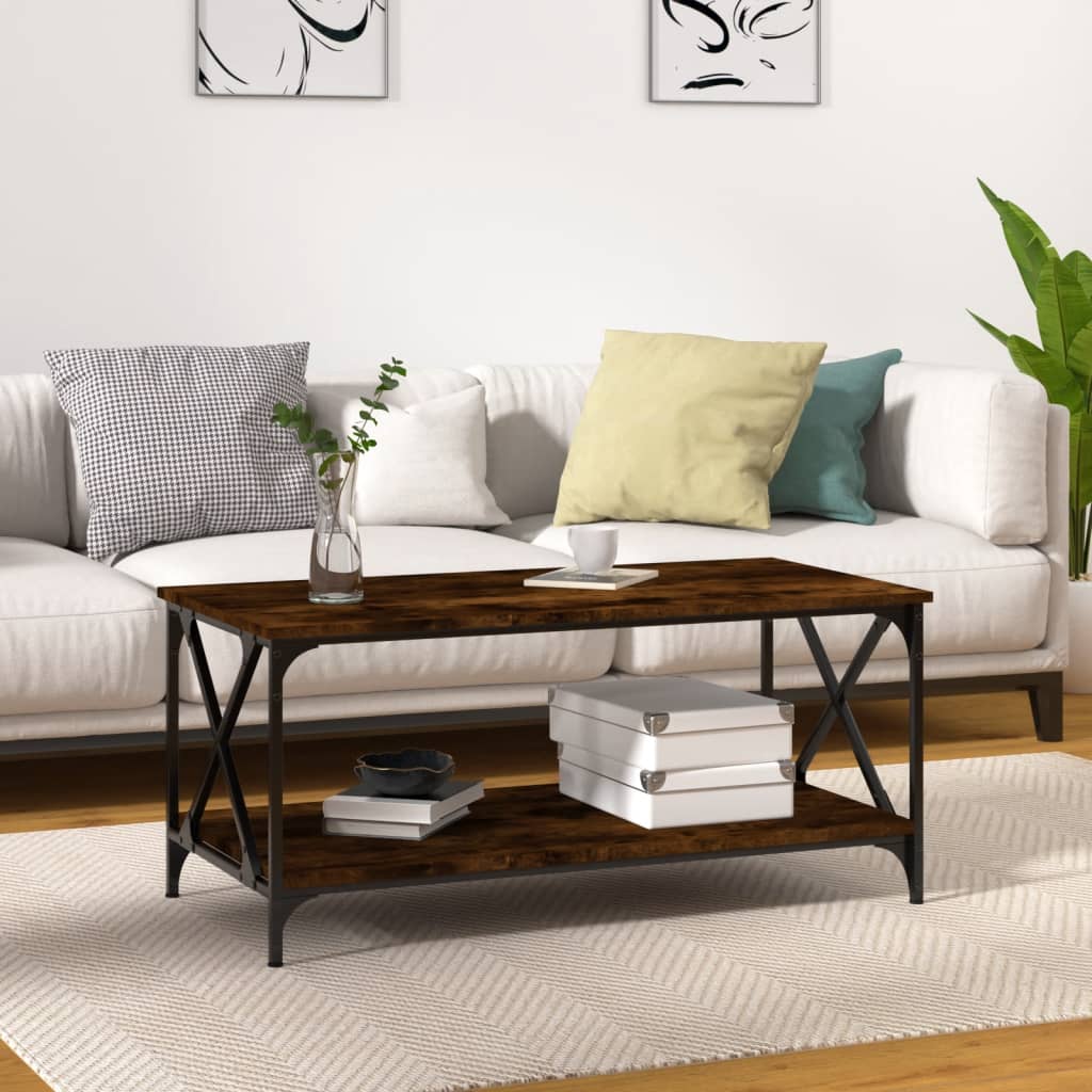 Salontafel 100x50x45 cm bewerkt hout en ijzer gerookt eiken is nu te koop bij PeponiXL, paradijselijk wonen!
