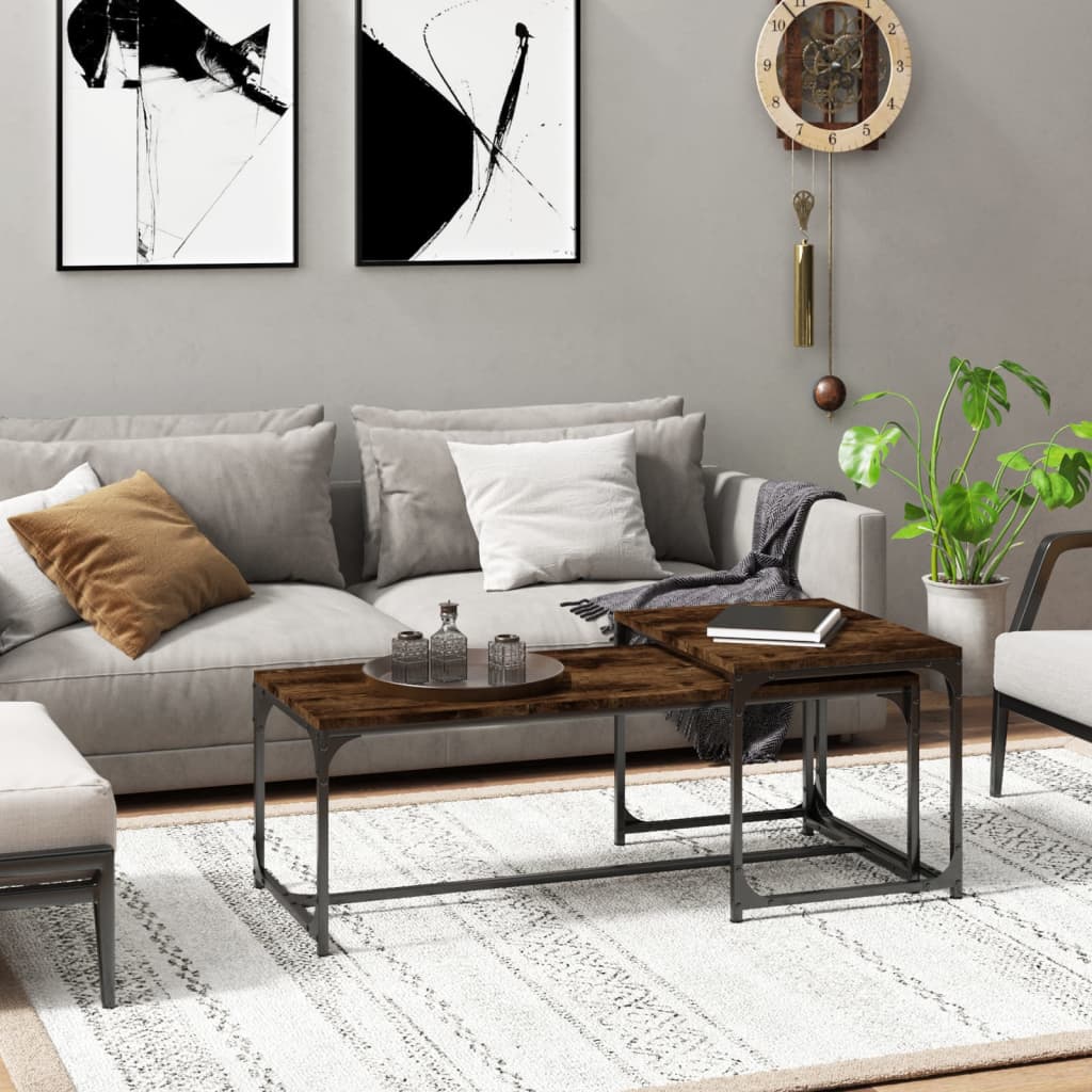 Salontafels 2 st bewerkt hout gerookt eikenkleurig is nu te koop bij PeponiXL, paradijselijk wonen!