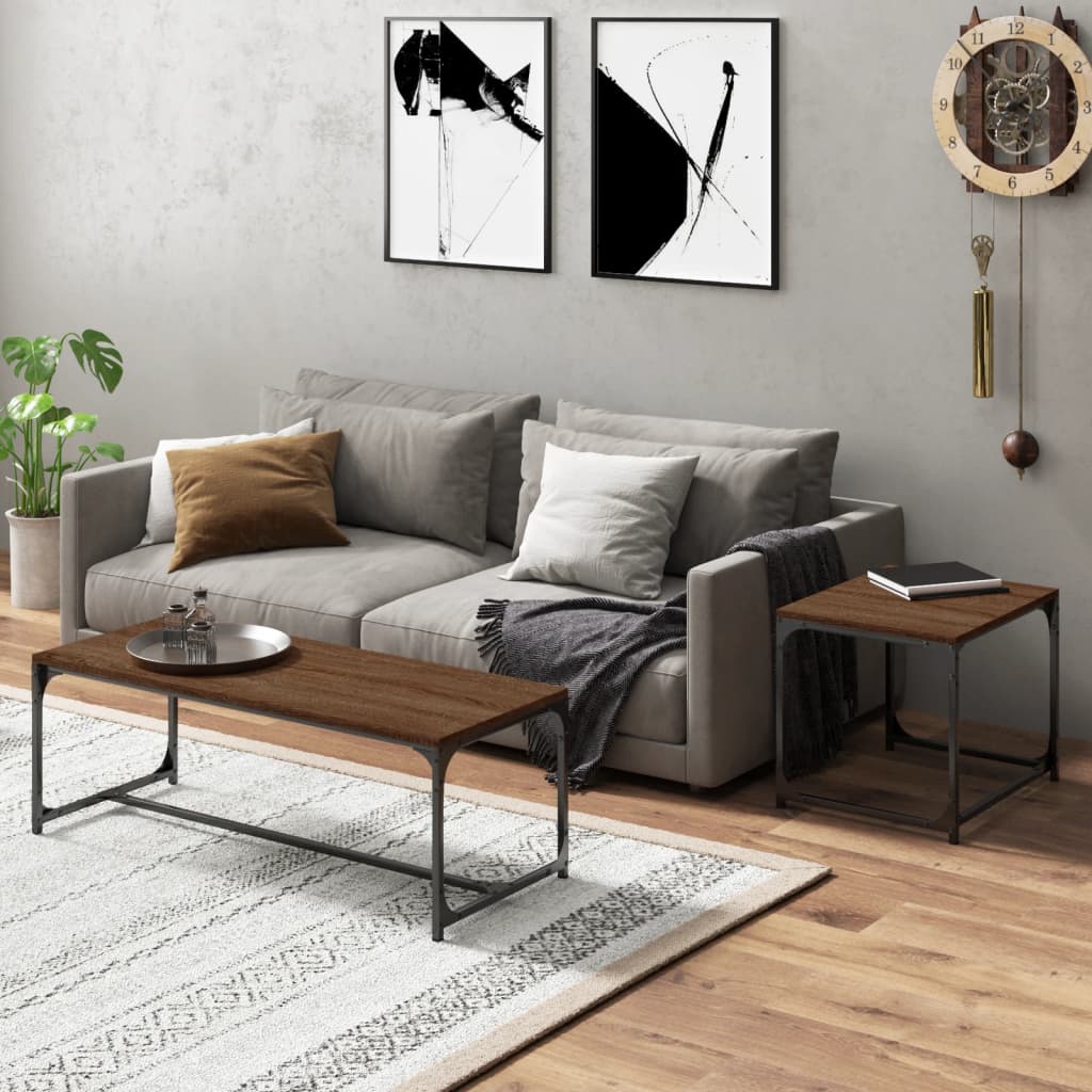 Salontafels 2 st bewerkt hout bruin eikenkleur is nu te koop bij PeponiXL, paradijselijk wonen!