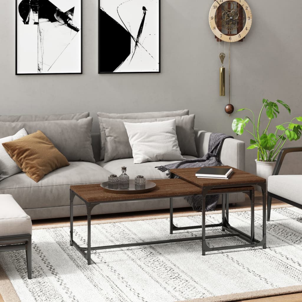 Salontafels 2 st bewerkt hout bruin eikenkleur is nu te koop bij PeponiXL, paradijselijk wonen!