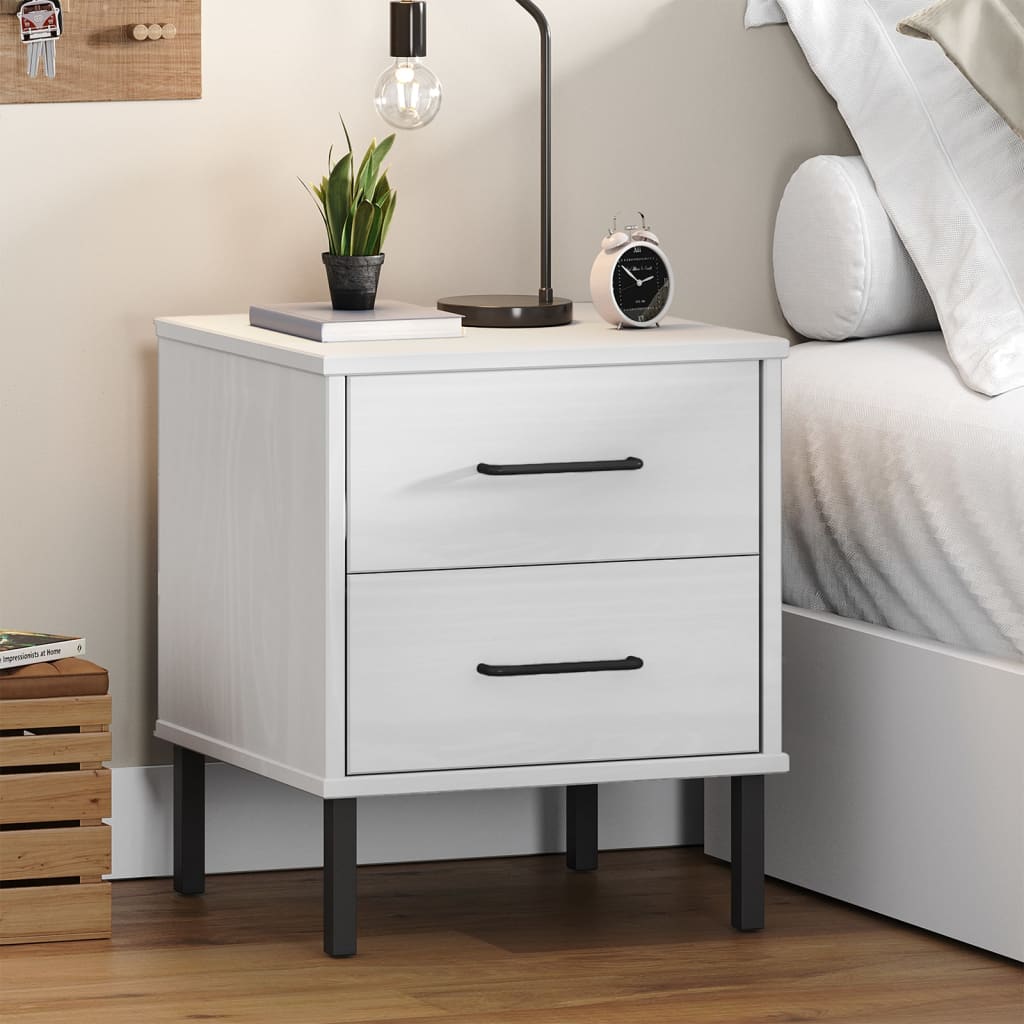 Nachtkastje met metalen poten OSLO massief grenenhout wit is nu te koop bij PeponiXL, paradijselijk wonen!