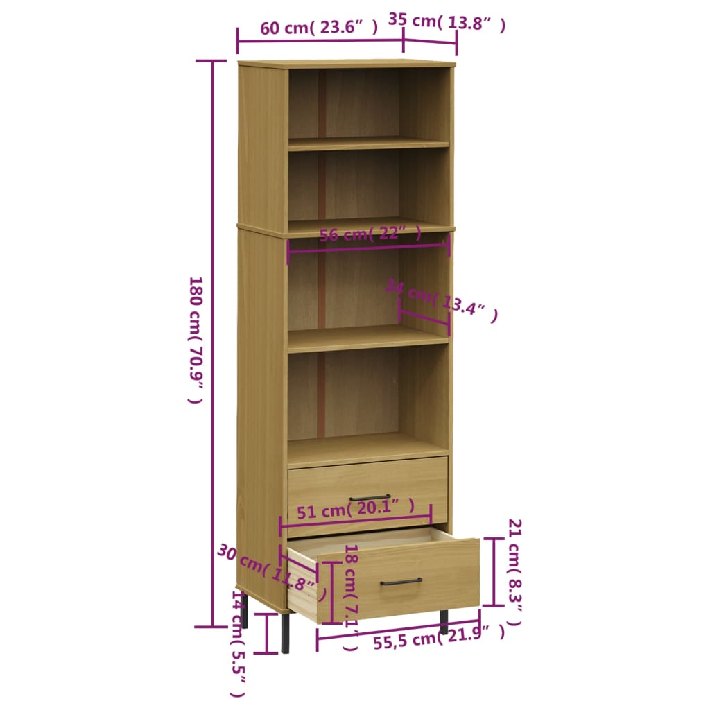 Boekenkast met 2 lades OSLO 60x35x180 cm massief hout bruin is nu te koop bij PeponiXL, paradijselijk wonen!