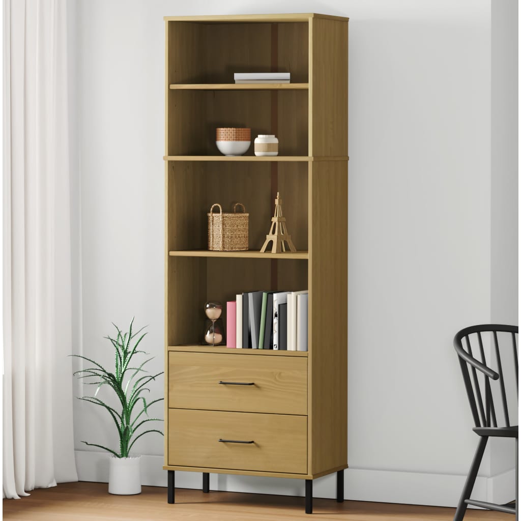 Boekenkast met 2 lades OSLO 60x35x180 cm massief hout bruin is nu te koop bij PeponiXL, paradijselijk wonen!