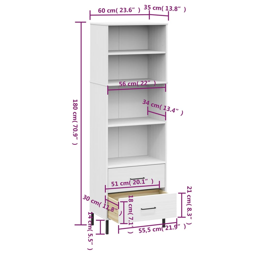 Boekenkast met 2 lades OSLO 60x35x180 cm massief hout wit is nu te koop bij PeponiXL, paradijselijk wonen!