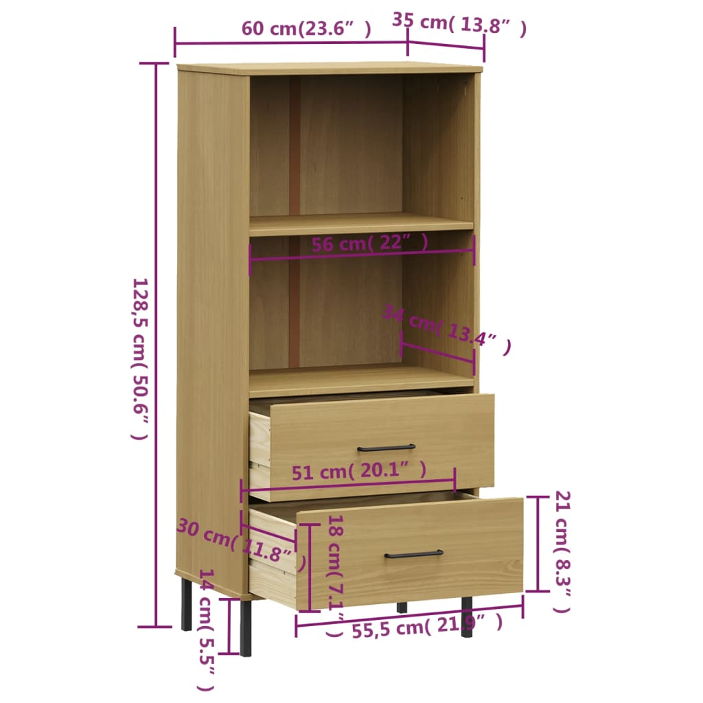 Boekenkast met 2 lades OSLO 60x35x128,5 cm massief hout bruin is nu te koop bij PeponiXL, paradijselijk wonen!