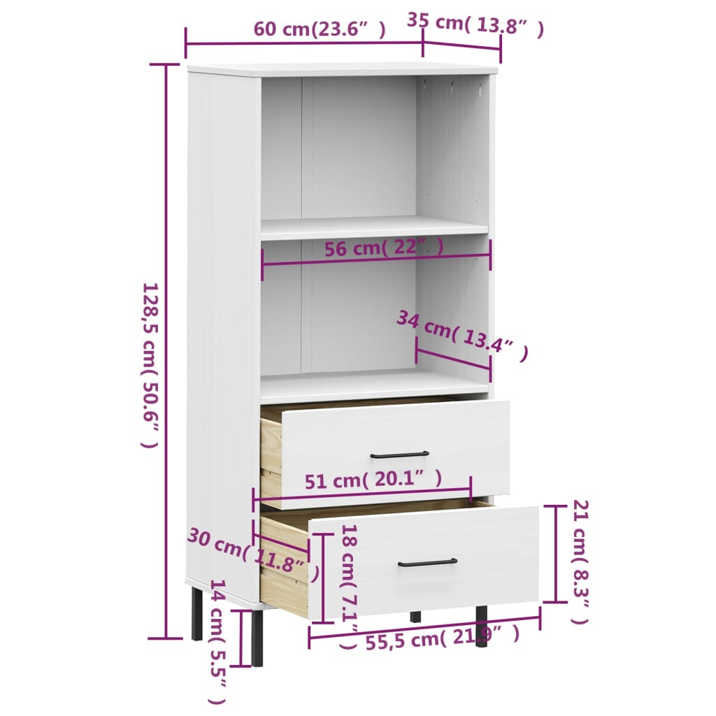 Boekenkast met 2 lades OSLO 60x35x128,5 cm massief hout wit is nu te koop bij PeponiXL, paradijselijk wonen!