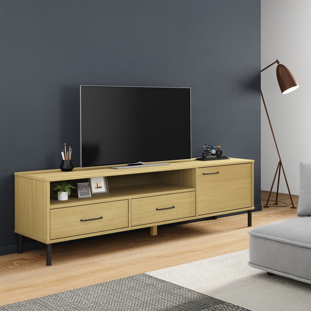 Tv-meubel met metalen poten OSLO massief grenenhout bruin is nu te koop bij PeponiXL, paradijselijk wonen!