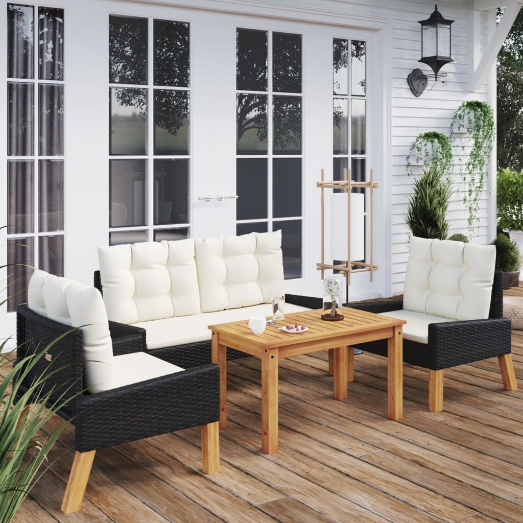 4-delige Loungeset met kussens poly rattan en massief hout is nu te koop bij PeponiXL, paradijselijk wonen!