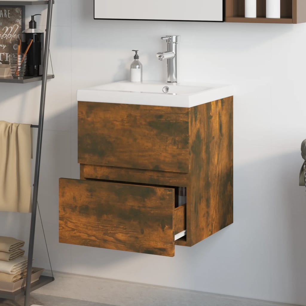 Wastafelkast met ingebouwde wasbak bewerkt hout gerookt eiken is nu te koop bij PeponiXL, paradijselijk wonen!