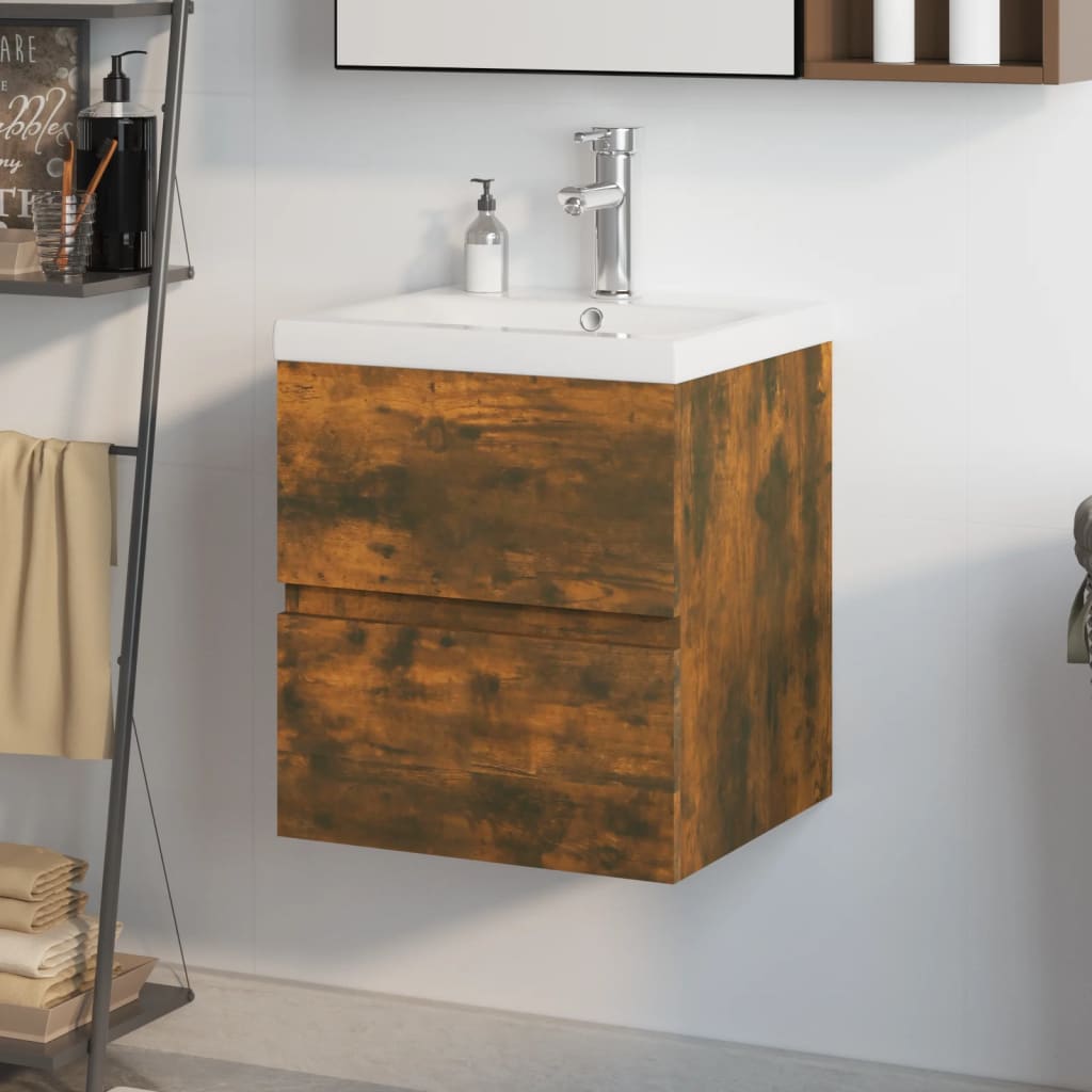 Wastafelkast met ingebouwde wasbak bewerkt hout gerookt eiken is nu te koop bij PeponiXL, paradijselijk wonen!