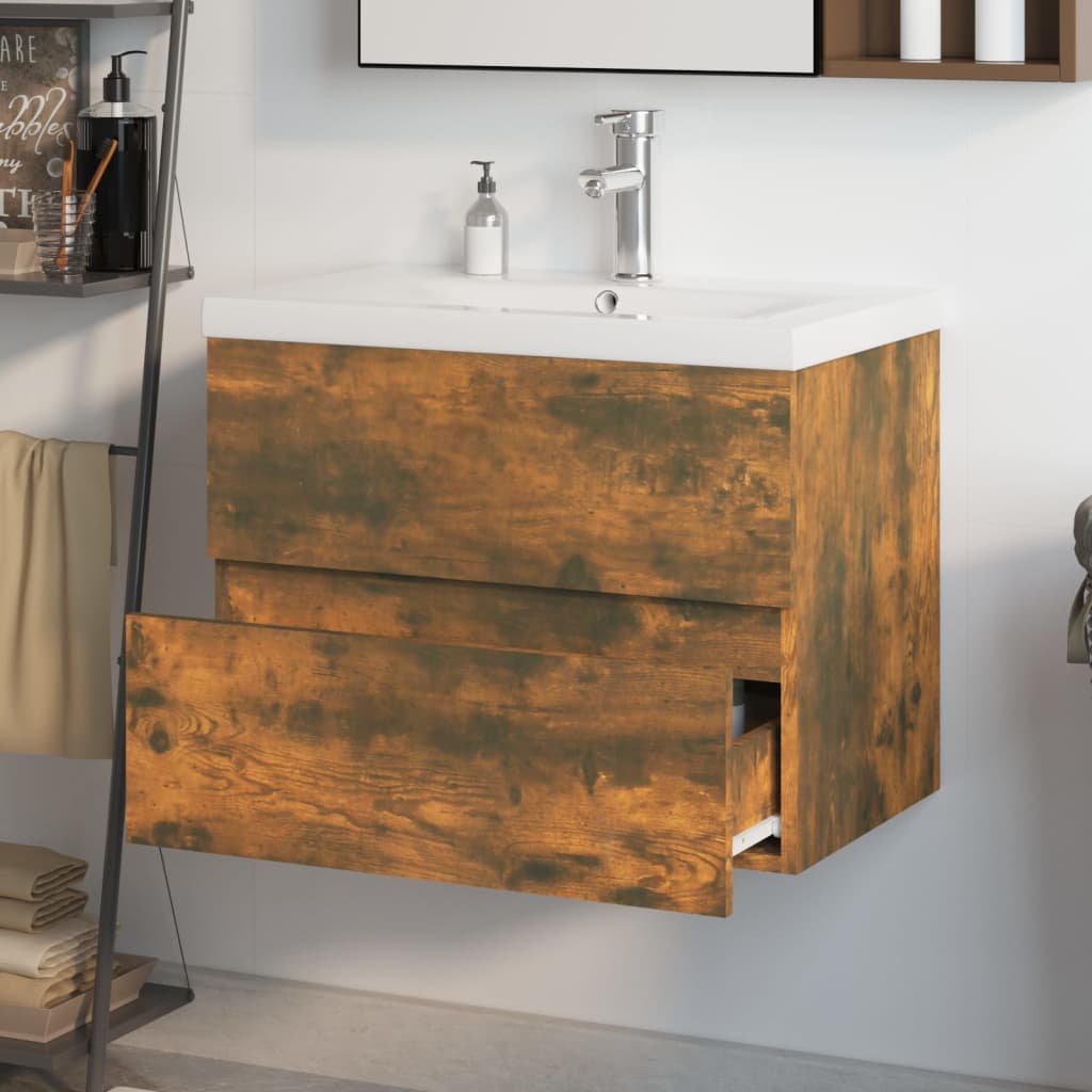 Wastafelkast met ingebouwde wasbak bewerkt hout gerookt eiken is nu te koop bij PeponiXL, paradijselijk wonen!