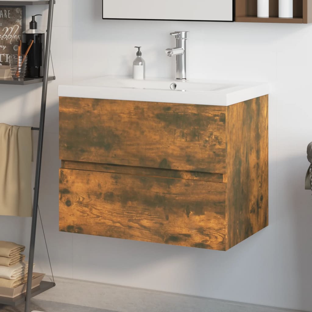 Wastafelkast met ingebouwde wasbak bewerkt hout gerookt eiken is nu te koop bij PeponiXL, paradijselijk wonen!