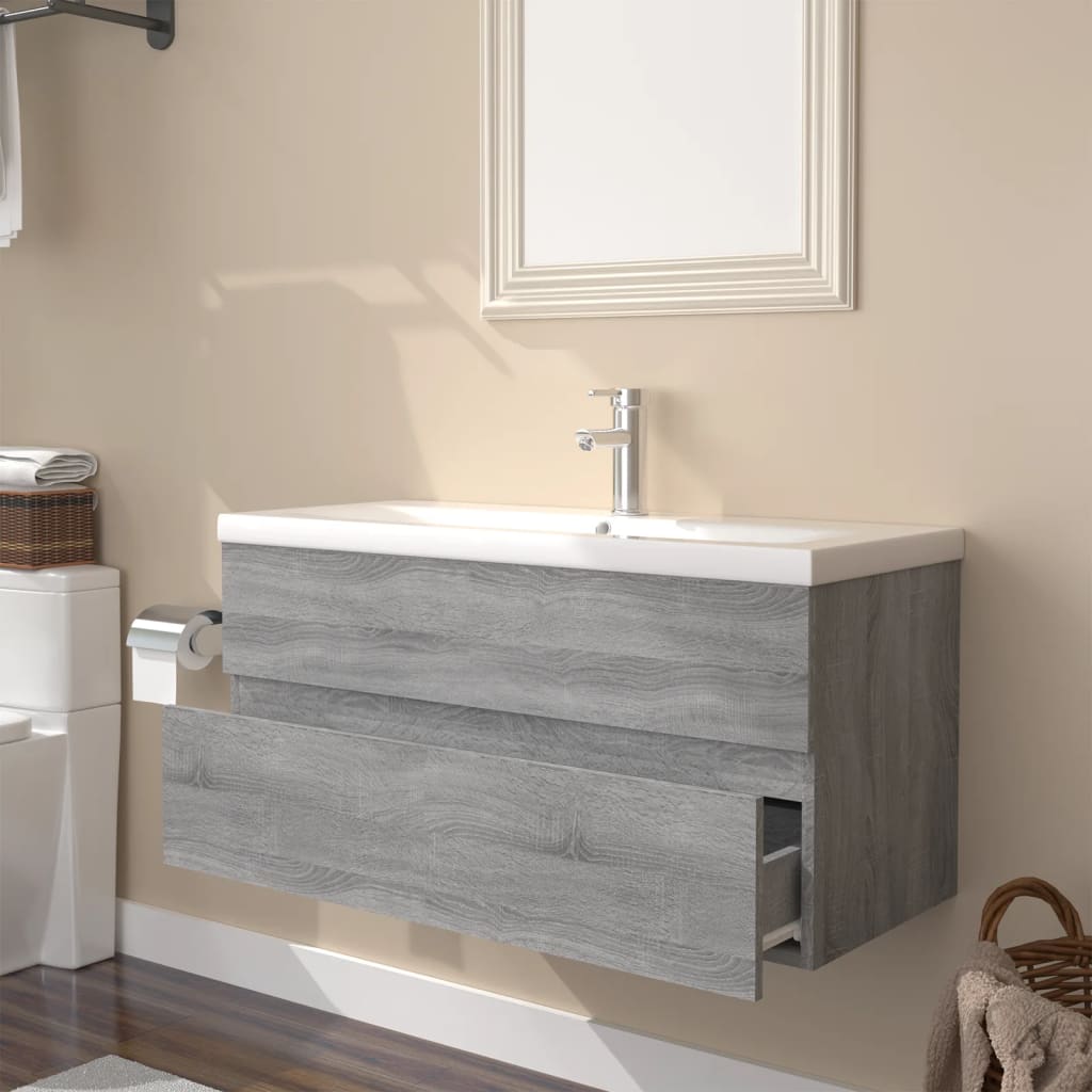 Wastafelkast met ingebouwde wasbak bewerkt hout grijs sonoma is nu te koop bij PeponiXL, paradijselijk wonen!