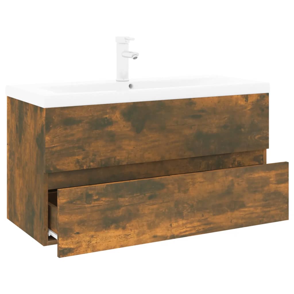 Wastafelkast met ingebouwde wasbak bewerkt hout gerookt eiken is nu te koop bij PeponiXL, paradijselijk wonen!