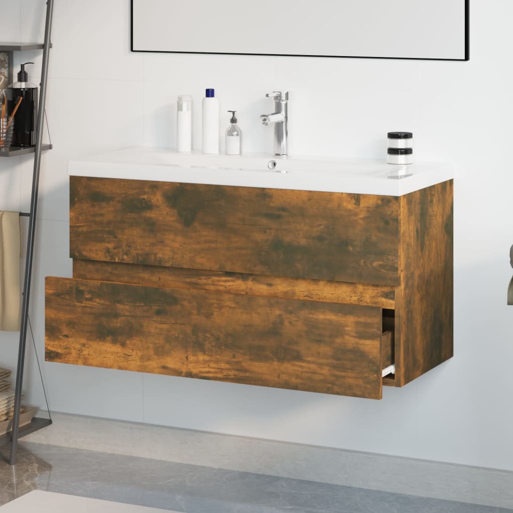 Wastafelkast met ingebouwde wasbak bewerkt hout gerookt eiken is nu te koop bij PeponiXL, paradijselijk wonen!