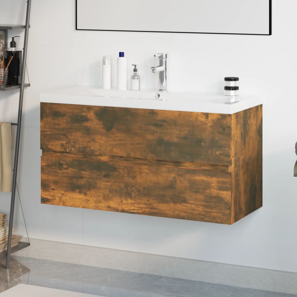 Wastafelkast met ingebouwde wasbak bewerkt hout gerookt eiken is nu te koop bij PeponiXL, paradijselijk wonen!