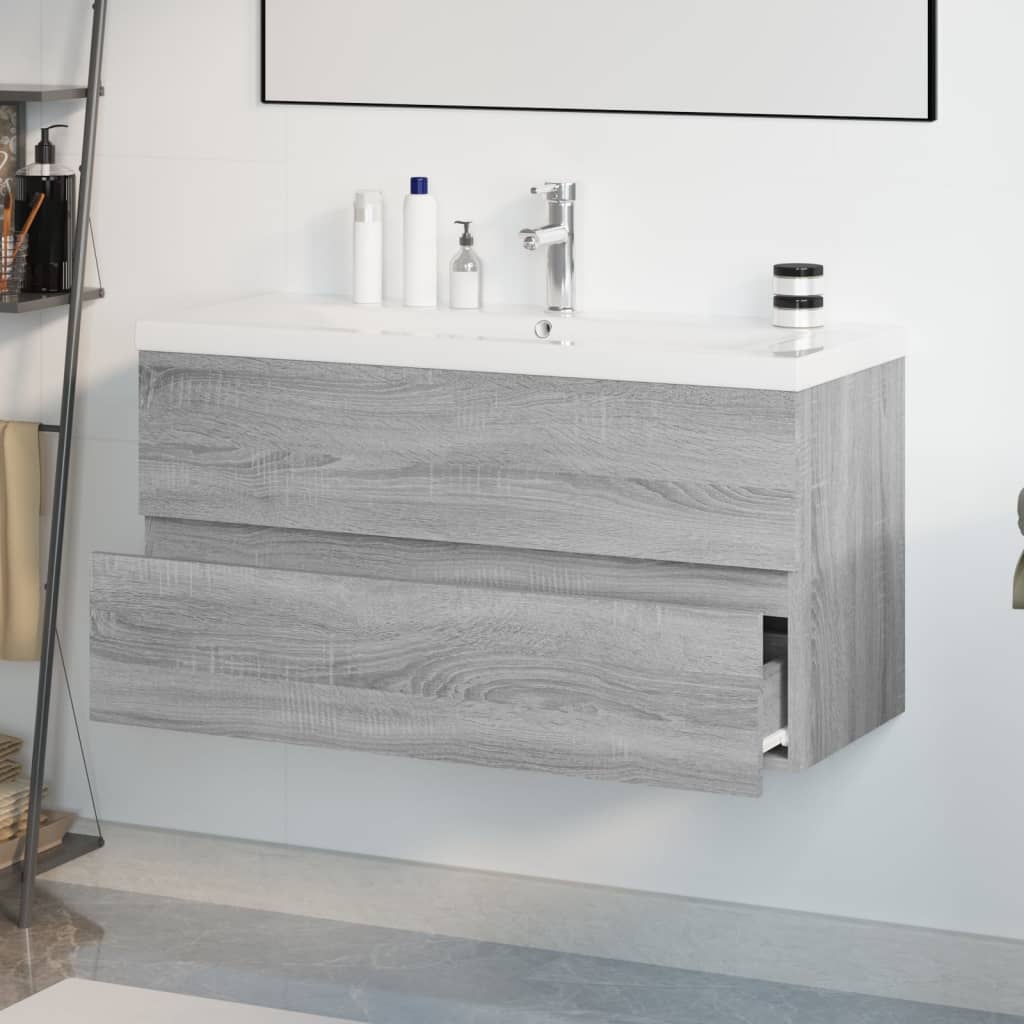 Wastafelkast met ingebouwde wasbak bewerkt hout grijs sonoma is nu te koop bij PeponiXL, paradijselijk wonen!