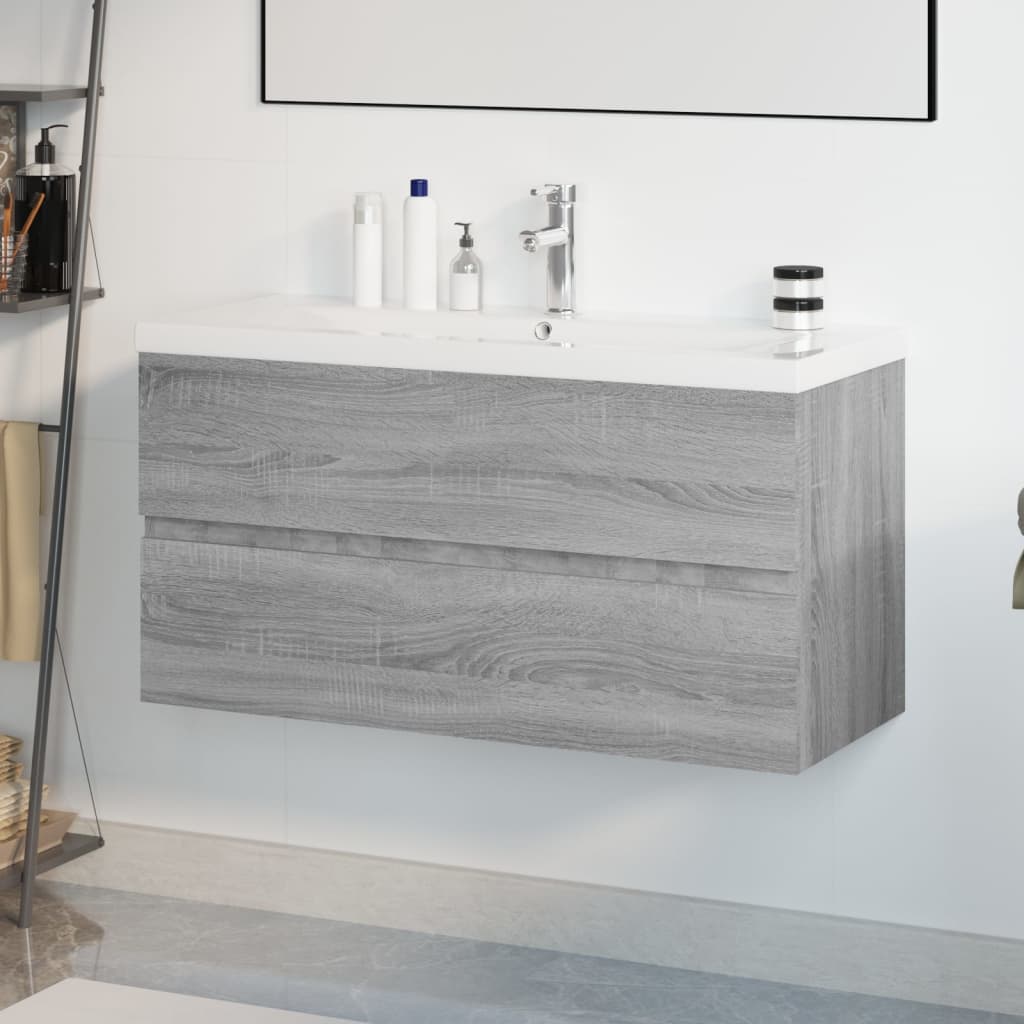 Wastafelkast met ingebouwde wasbak bewerkt hout grijs sonoma is nu te koop bij PeponiXL, paradijselijk wonen!