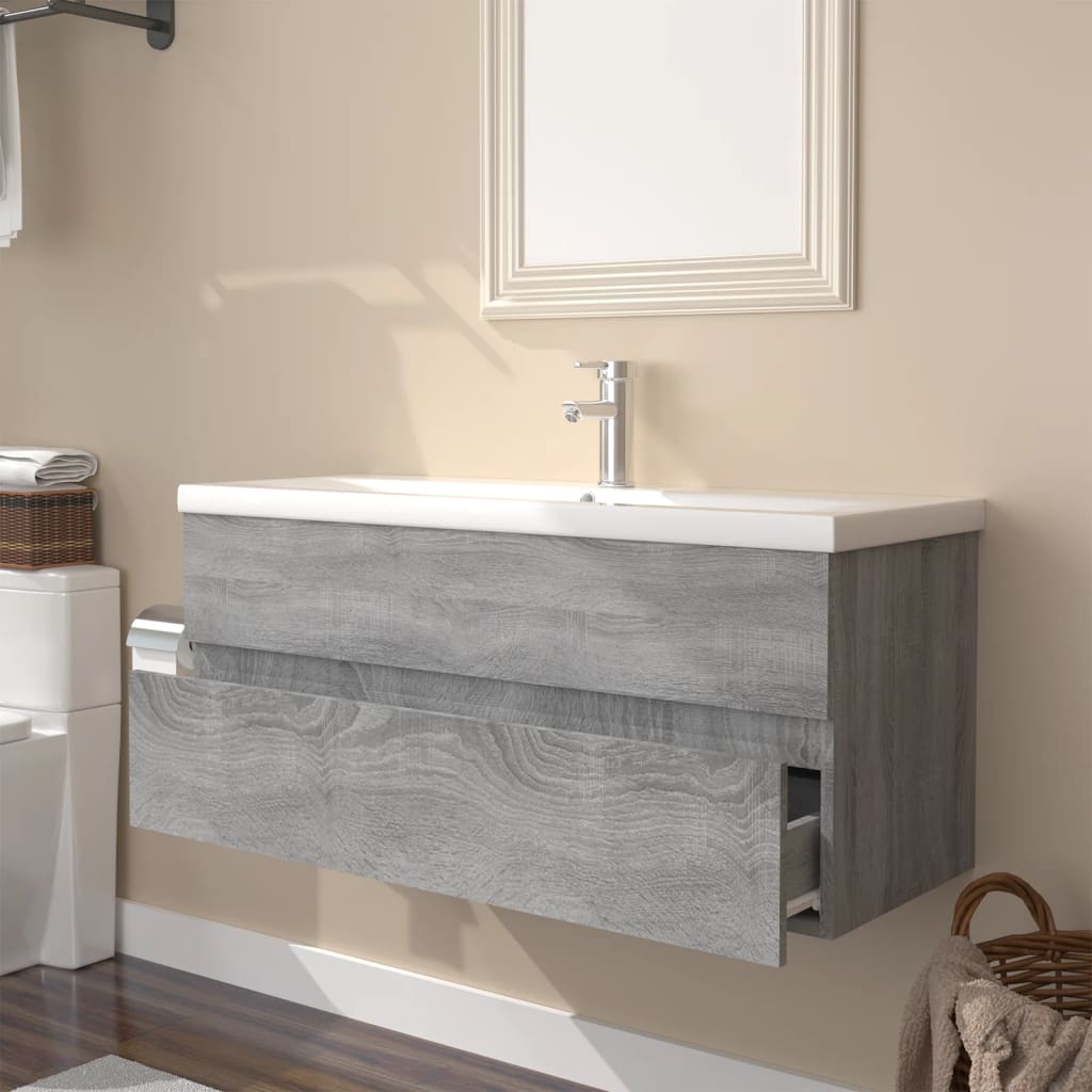 Wastafelkast met ingebouwde wasbak bewerkt hout grijs sonoma is nu te koop bij PeponiXL, paradijselijk wonen!