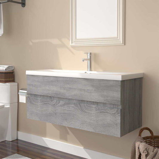 Wastafelkast met ingebouwde wasbak bewerkt hout grijs sonoma is nu te koop bij PeponiXL, paradijselijk wonen!