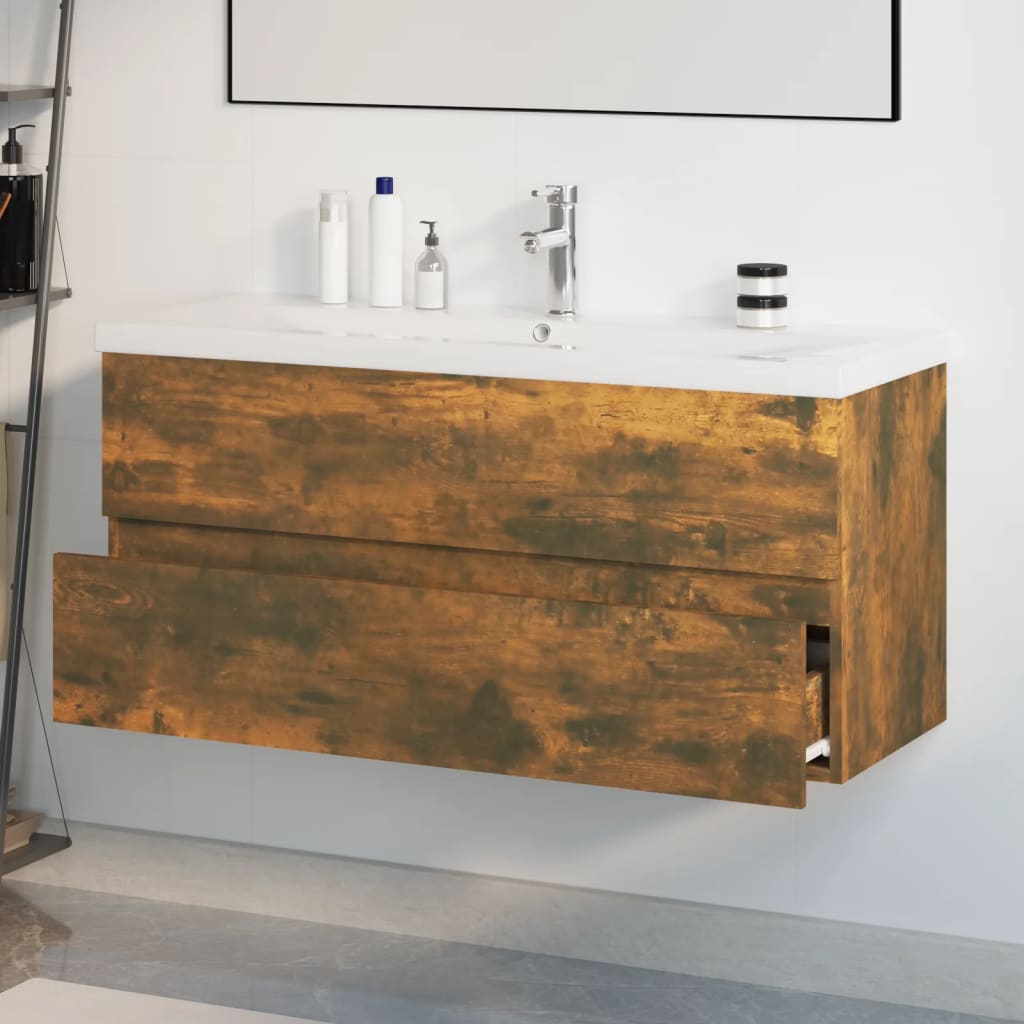 Wastafelkast met ingebouwde wasbak bewerkt hout gerookt eiken is nu te koop bij PeponiXL, paradijselijk wonen!