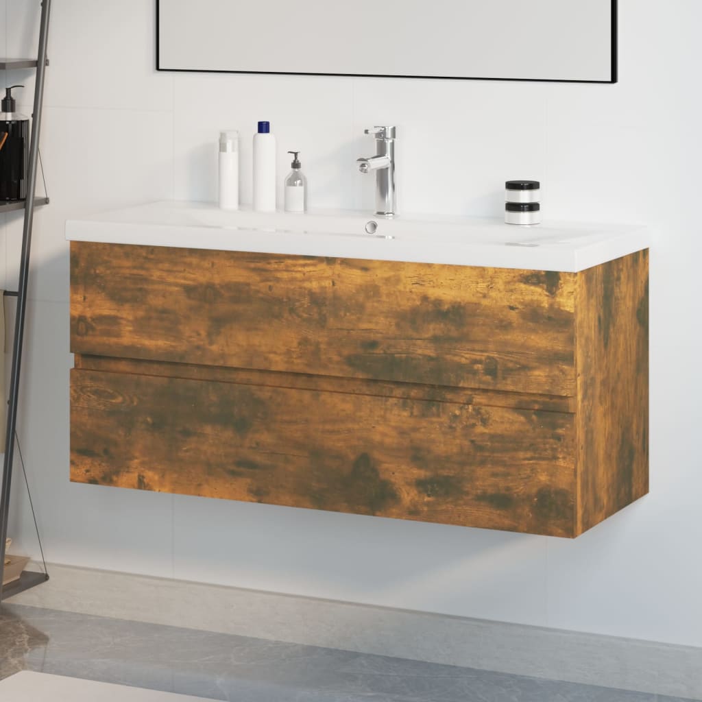 Wastafelkast met ingebouwde wasbak bewerkt hout gerookt eiken is nu te koop bij PeponiXL, paradijselijk wonen!