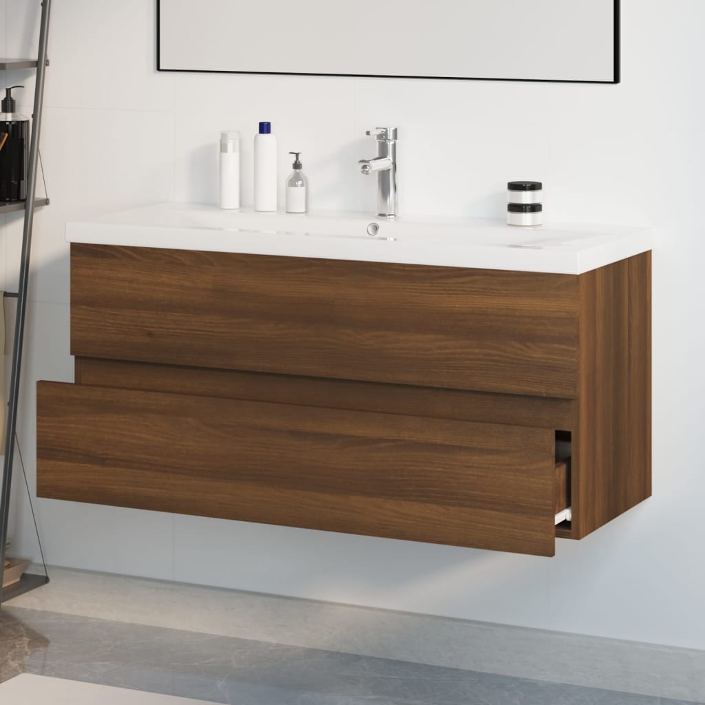 Wastafelkast ingebouwde wasbak bewerkt hout bruin eikenkleur is nu te koop bij PeponiXL, paradijselijk wonen!