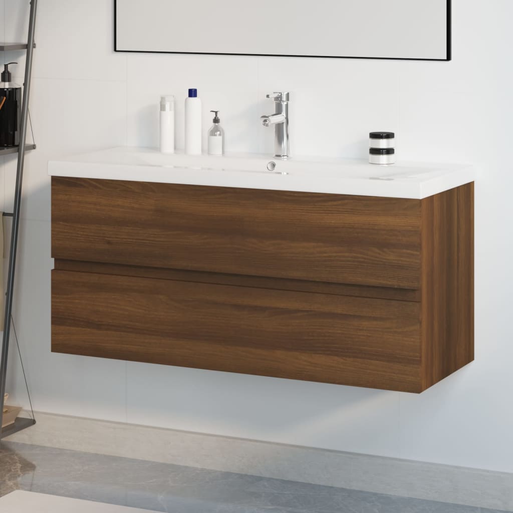 Wastafelkast ingebouwde wasbak bewerkt hout bruin eikenkleur is nu te koop bij PeponiXL, paradijselijk wonen!
