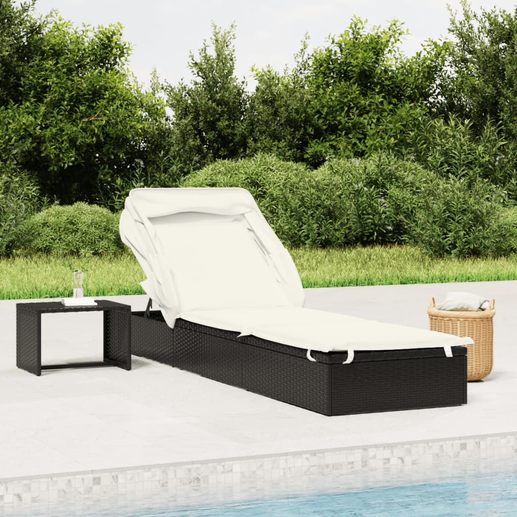 Ligbed met inklapbaar dak 213x63x97 cm poly rattan zwart is nu te koop bij PeponiXL, paradijselijk wonen!