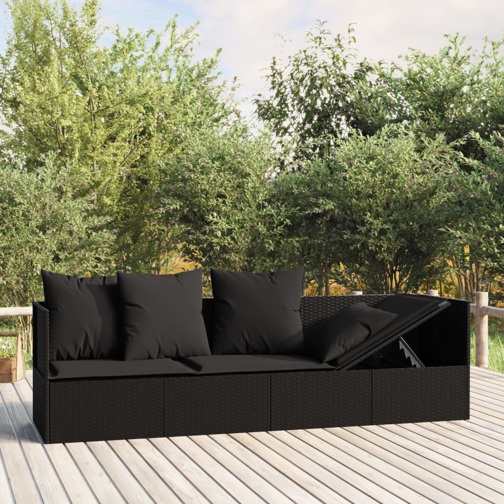 Loungebed met kussens poly rattan zwart is nu te koop bij PeponiXL, paradijselijk wonen!