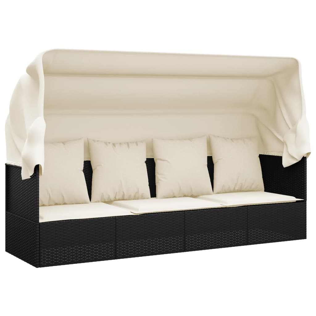 Loungebed met luifel en kussens poly rattan zwart is nu te koop bij PeponiXL, paradijselijk wonen!