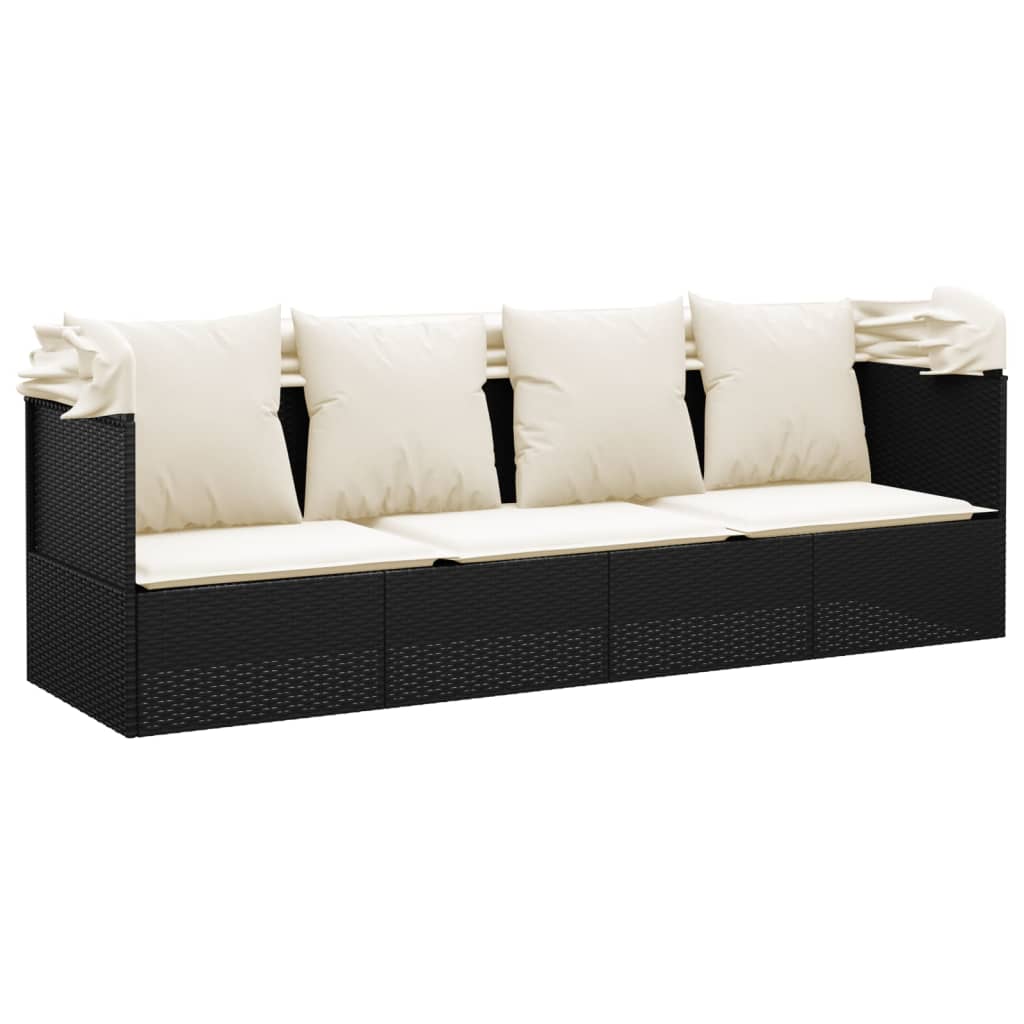 Loungebed met luifel en kussens poly rattan zwart is nu te koop bij PeponiXL, paradijselijk wonen!
