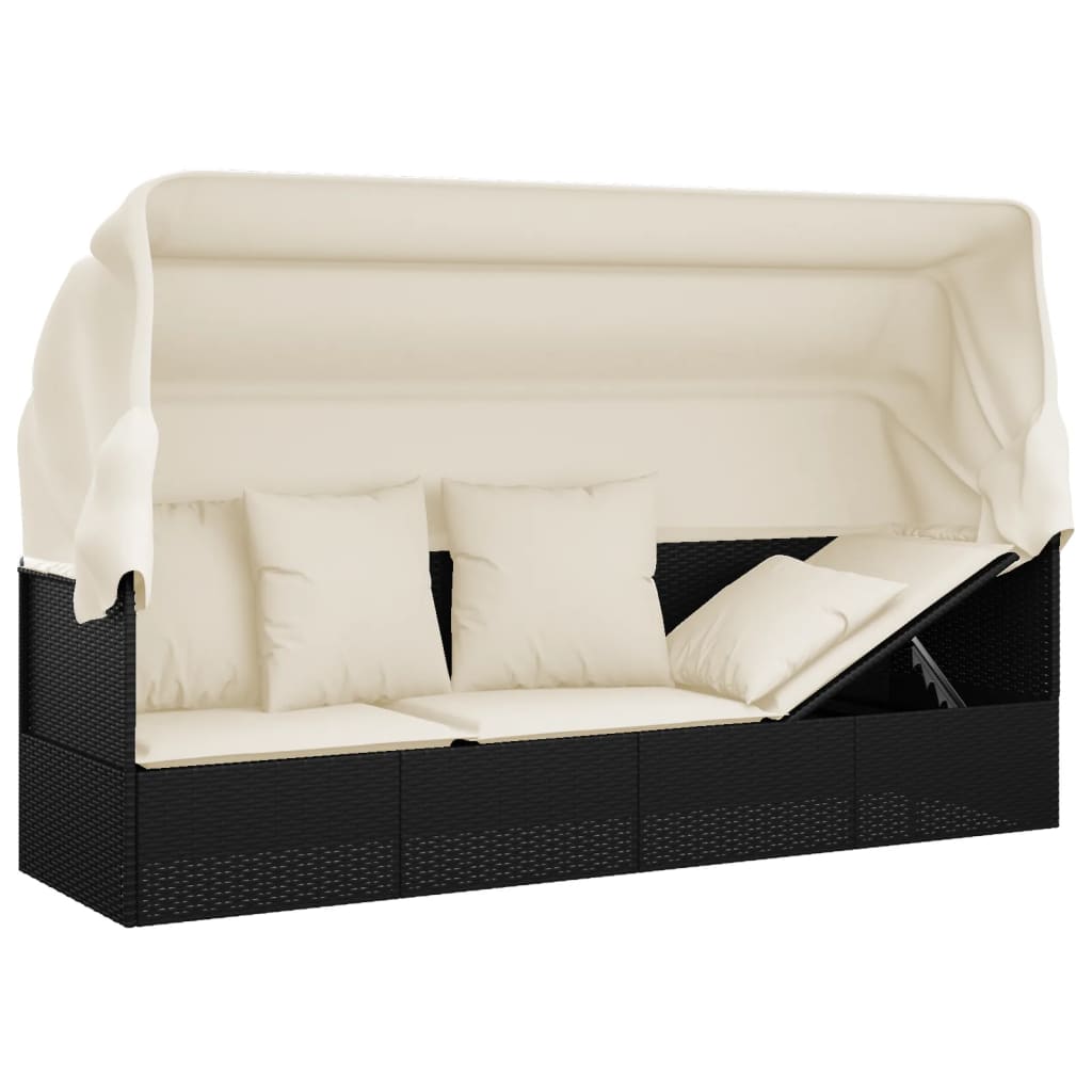Loungebed met luifel en kussens poly rattan zwart is nu te koop bij PeponiXL, paradijselijk wonen!