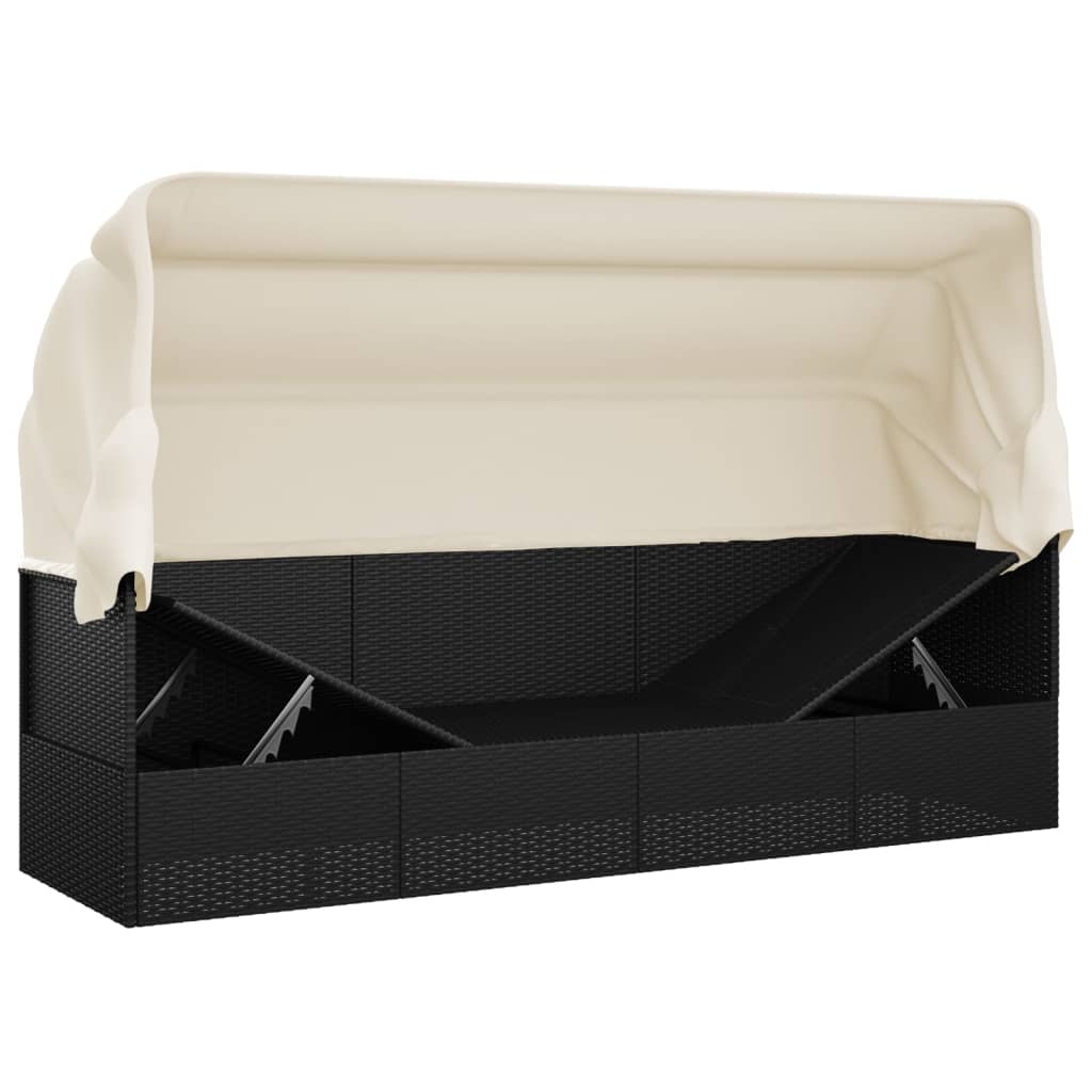Loungebed met luifel en kussens poly rattan zwart is nu te koop bij PeponiXL, paradijselijk wonen!