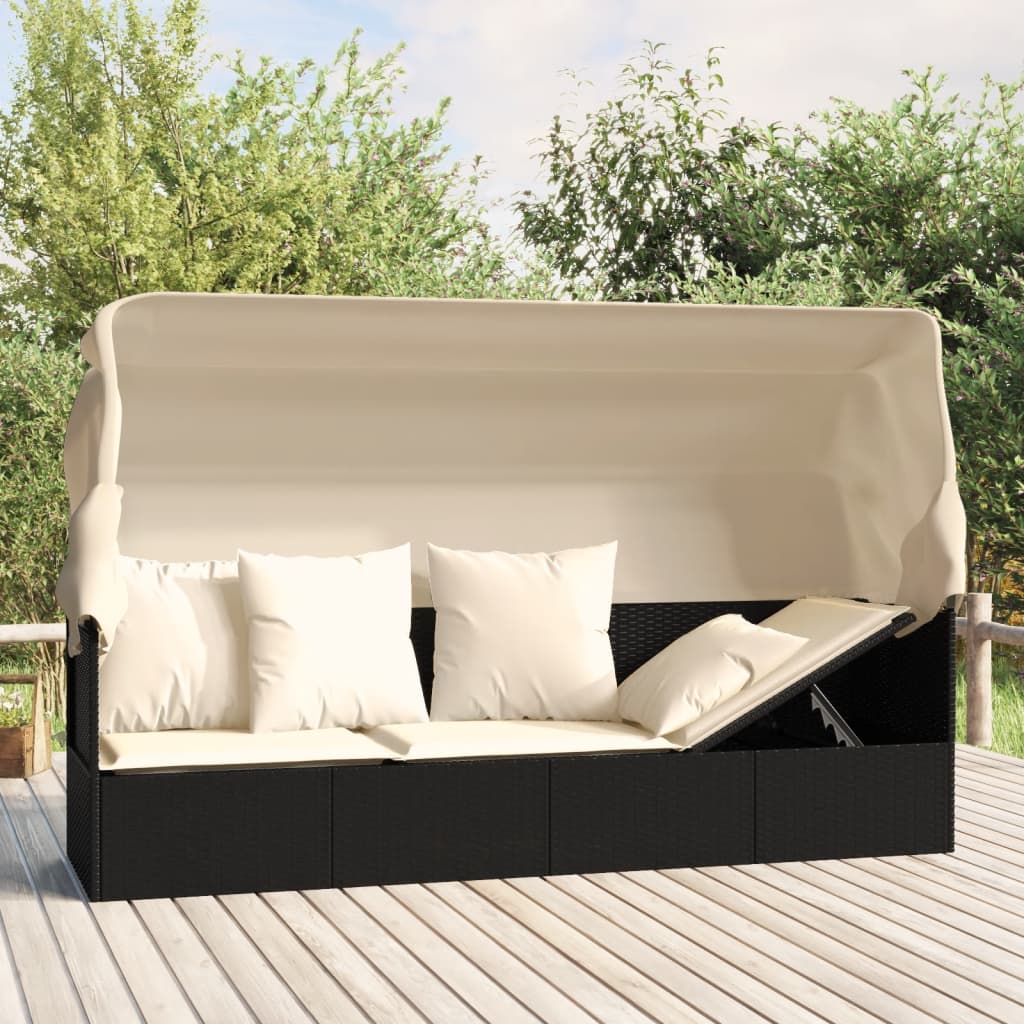 Loungebed met luifel en kussens poly rattan zwart is nu te koop bij PeponiXL, paradijselijk wonen!